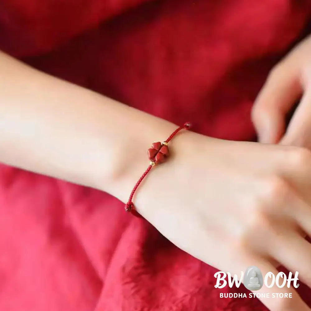 Buddha Stones Natural Cinnabar Four Leaf Clover Blessing Red String Bracelet Anklet - BWOOOH - Bracelet