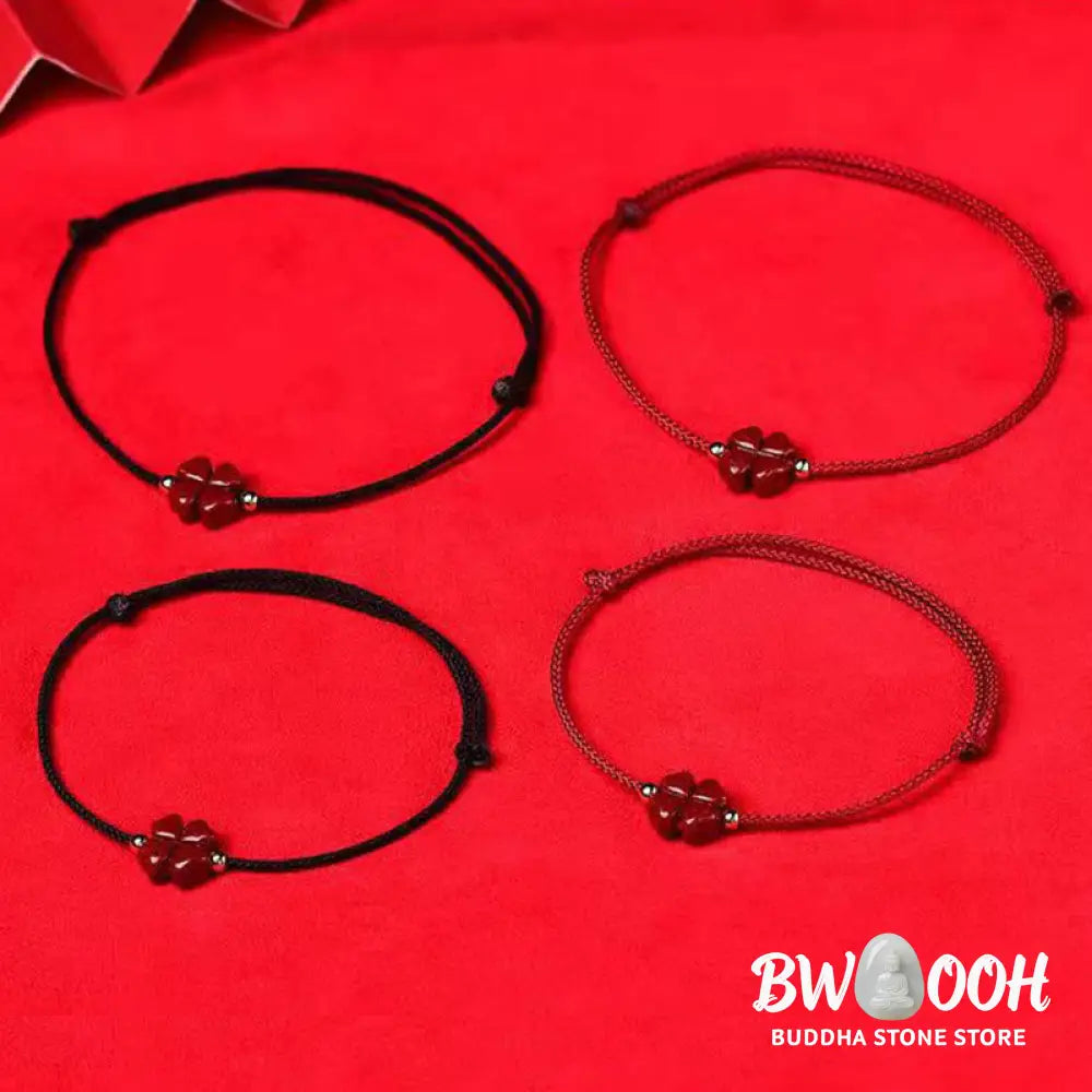 Buddha Stones Natural Cinnabar Four Leaf Clover Blessing Red String Bracelet Anklet - BWOOOH - Bracelet