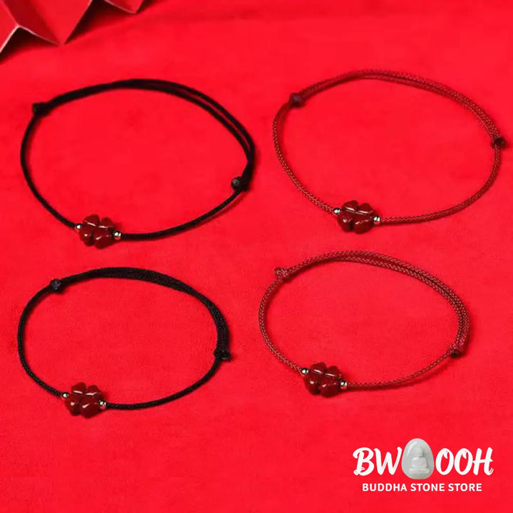 Buddha Stones Natural Cinnabar Four Leaf Clover Blessing Red String Bracelet Anklet - BWOOOH - Bracelet