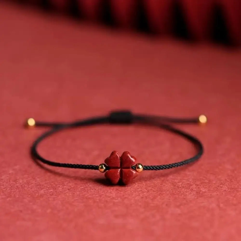 Buddha Stones Natural Cinnabar Four Leaf Clover Blessing Red String Bracelet Anklet - BWOOOH - Black / Bracelet(Wrist