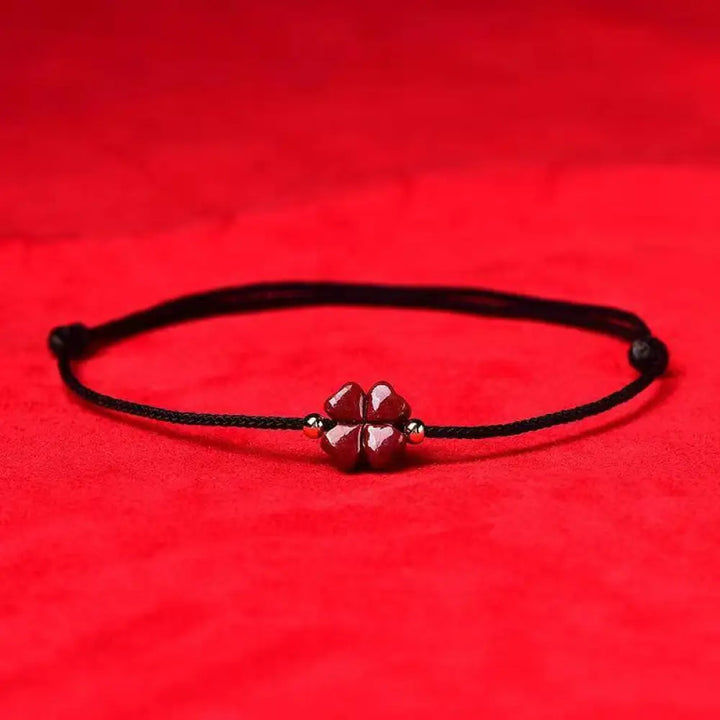 Buddha Stones Natural Cinnabar Four Leaf Clover Blessing Red String Bracelet Anklet - BWOOOH - Black / Bracelet(Wrist