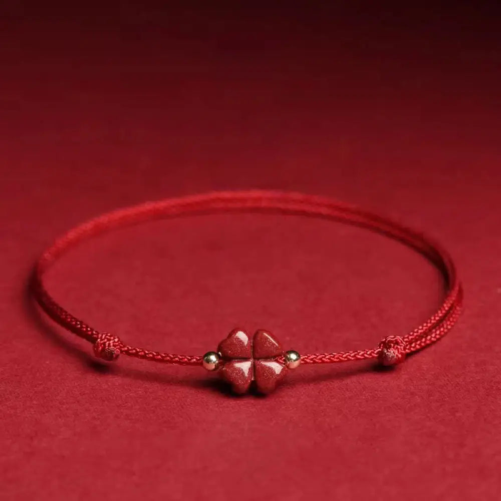 Buddha Stones Natural Cinnabar Four Leaf Clover Blessing Red String Bracelet Anklet - BWOOOH - Dark Red / Anklet(Anklet
