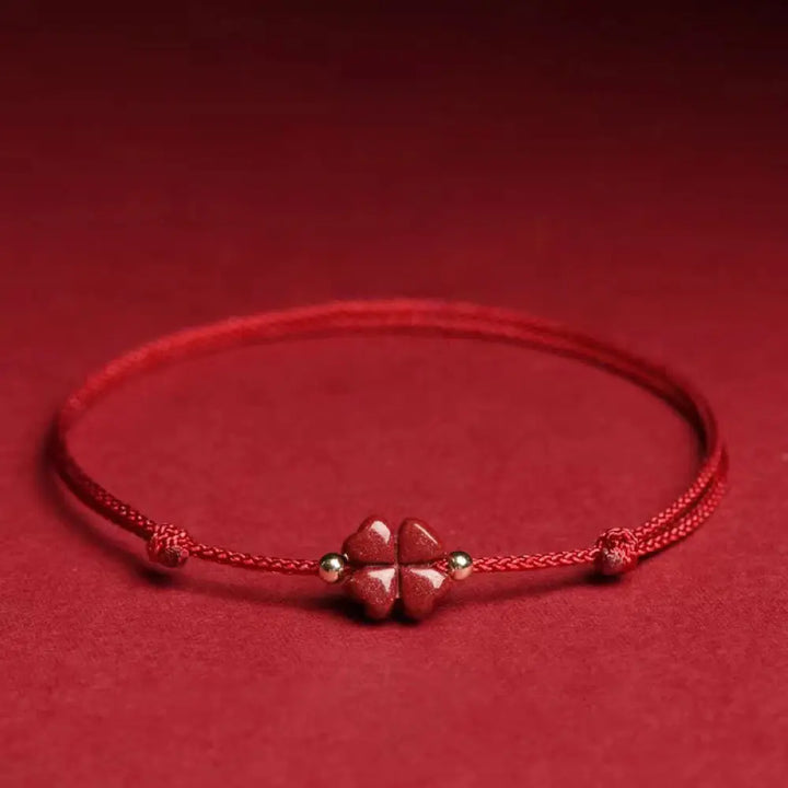 Buddha Stones Natural Cinnabar Four Leaf Clover Blessing Red String Bracelet Anklet - BWOOOH - Dark Red / Anklet(Anklet