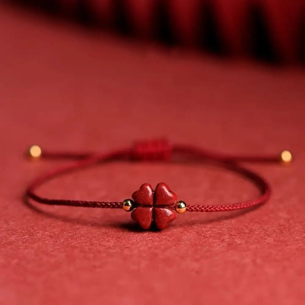 Buddha Stones Natural Cinnabar Four Leaf Clover Blessing Red String Bracelet Anklet - BWOOOH - Dark Red