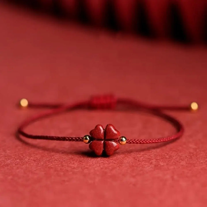 Buddha Stones Natural Cinnabar Four Leaf Clover Blessing Red String Bracelet Anklet - BWOOOH - Dark Red