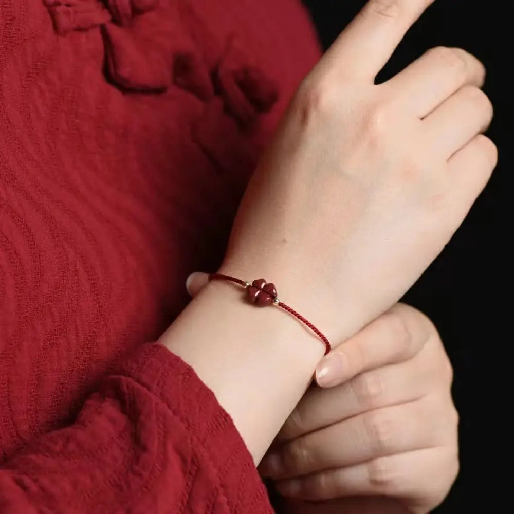 Buddha Stones Natural Cinnabar Four Leaf Clover Blessing Red String Bracelet Anklet - BWOOOH - Dark Red