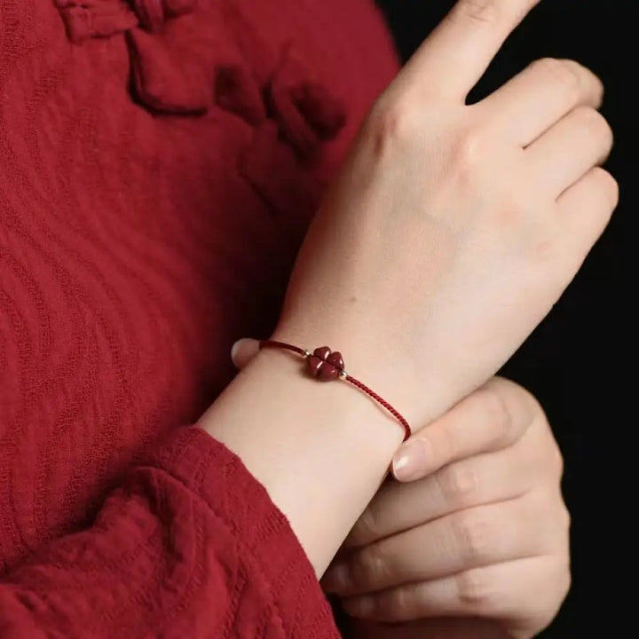 Buddha Stones Natural Cinnabar Four Leaf Clover Blessing Red String Bracelet Anklet - BWOOOH - Dark Red