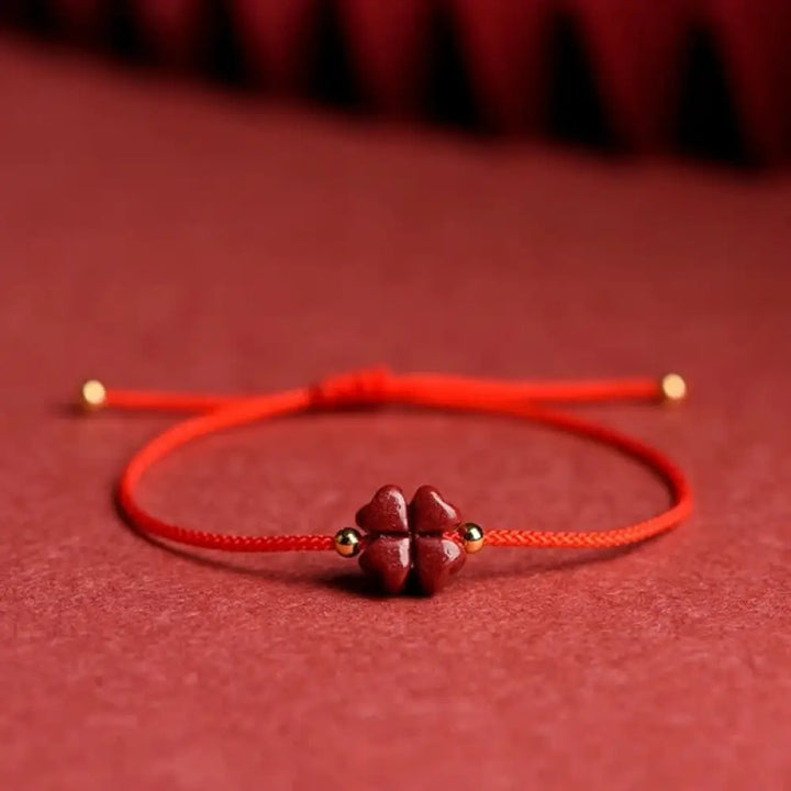 Buddha Stones Natural Cinnabar Four Leaf Clover Blessing Red String Bracelet Anklet - BWOOOH - Red / Bracelet(Wrist