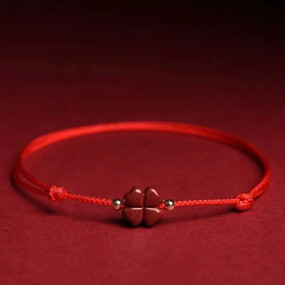 Buddha Stones Natural Cinnabar Four Leaf Clover Blessing Red String Bracelet Anklet - BWOOOH - Red / Bracelet(Wrist