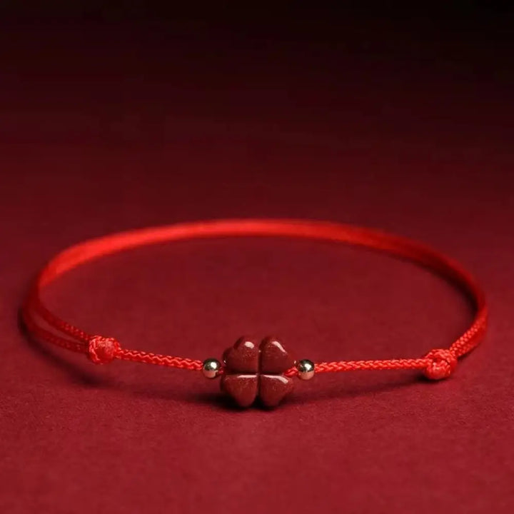 Buddha Stones Natural Cinnabar Four Leaf Clover Blessing Red String Bracelet Anklet - BWOOOH - Red / Bracelet(Wrist