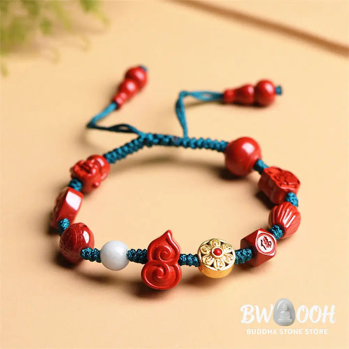 Buddha Stones Natural Cinnabar Gourd Om Mani Padme Hum Laughing Buddha Blessing String Bracelet - BWOOOH
