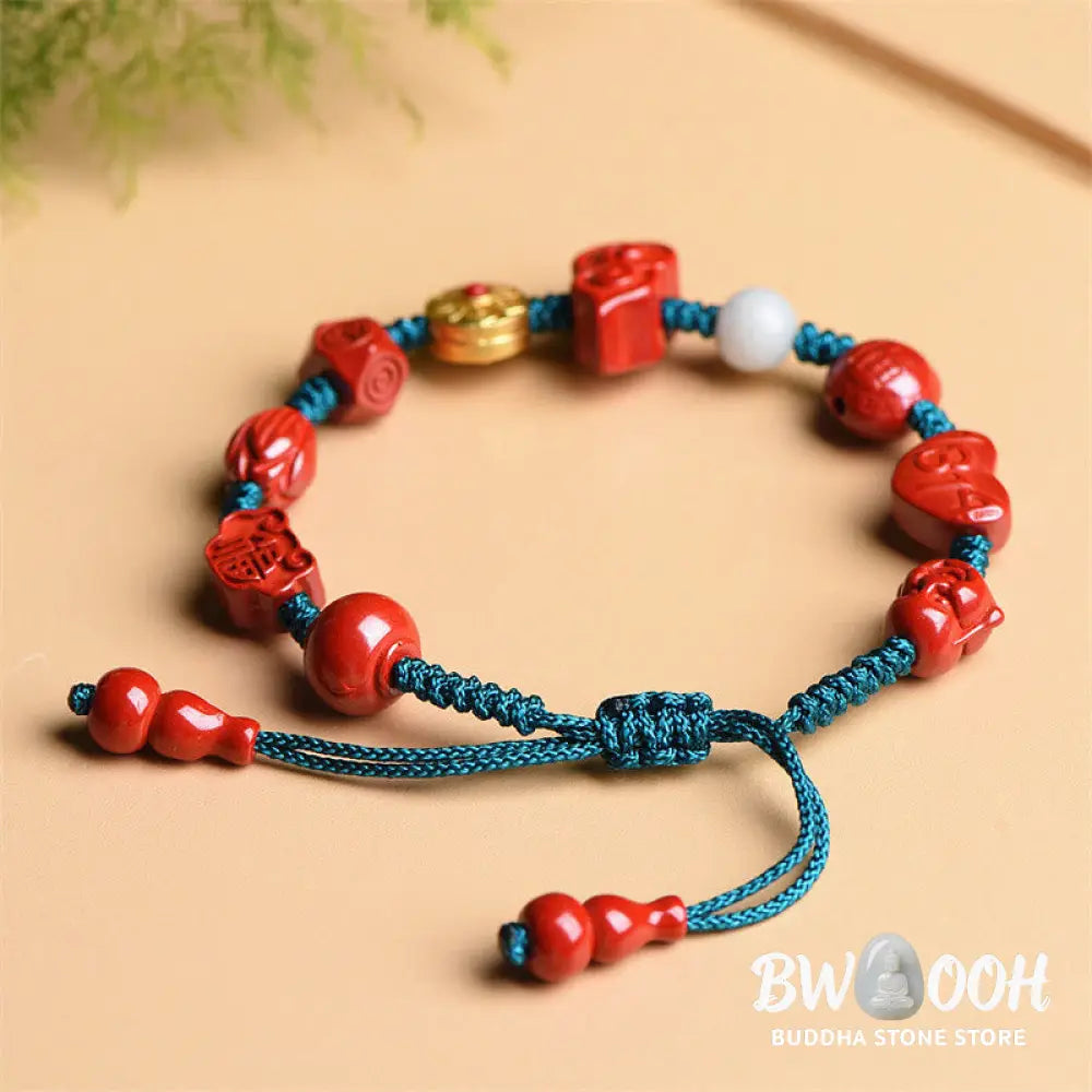 Buddha Stones Natural Cinnabar Gourd Om Mani Padme Hum Laughing Buddha Blessing String Bracelet - BWOOOH
