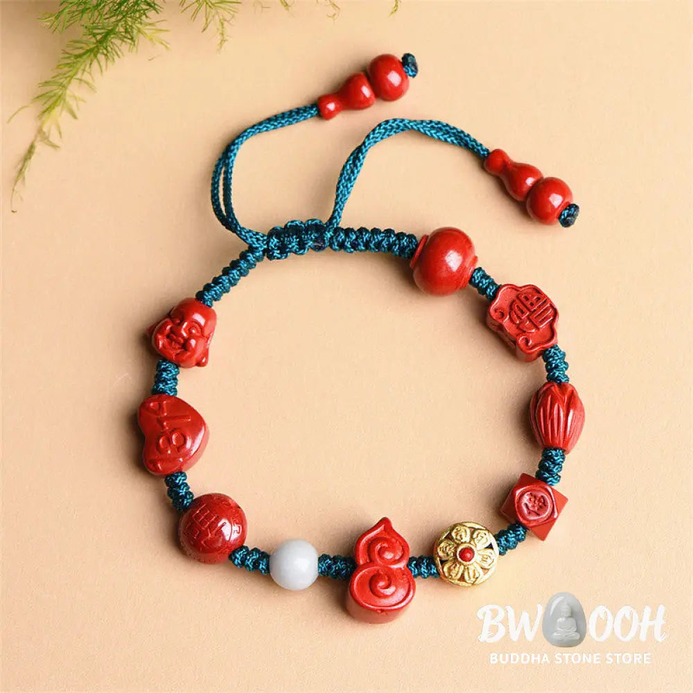 Buddha Stones Natural Cinnabar Gourd Om Mani Padme Hum Laughing Buddha Blessing String Bracelet - BWOOOH