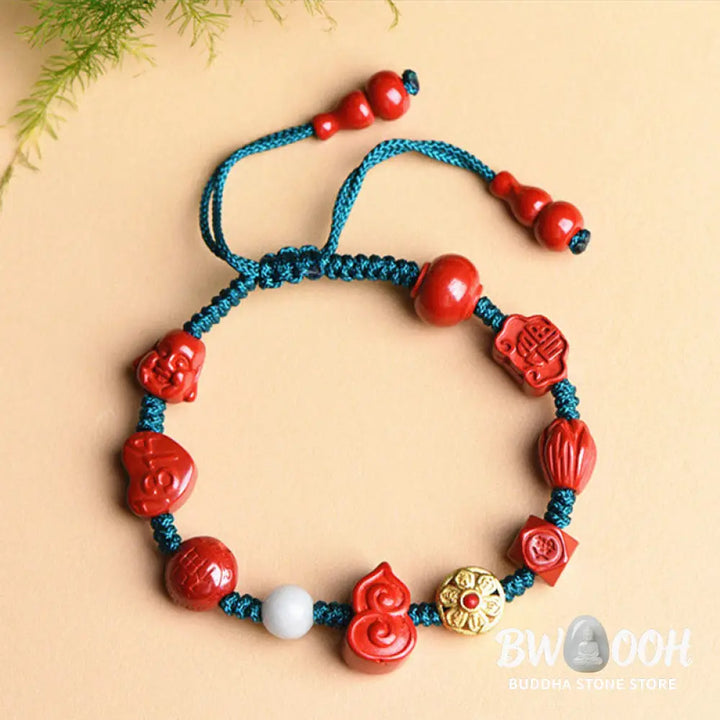 Buddha Stones Natural Cinnabar Gourd Om Mani Padme Hum Laughing Buddha Blessing String Bracelet - BWOOOH
