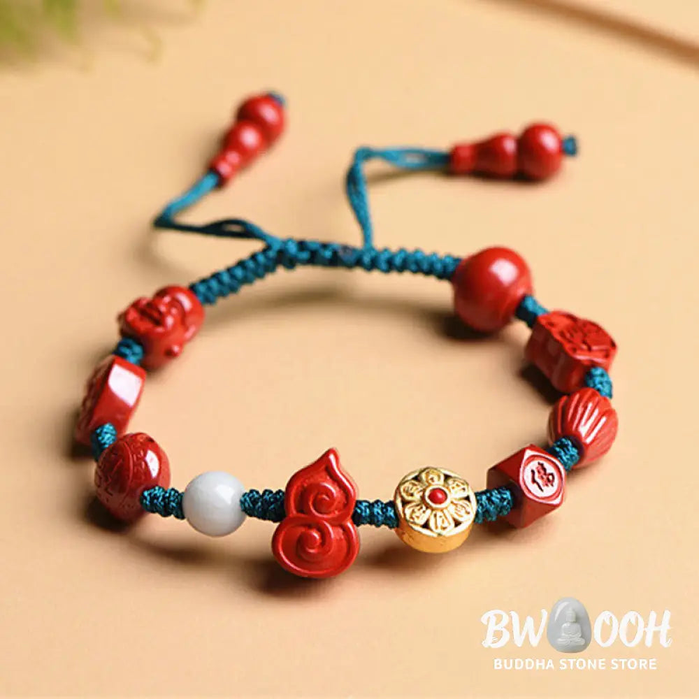 Buddha Stones Natural Cinnabar Gourd Om Mani Padme Hum Laughing Buddha Blessing String Bracelet - BWOOOH