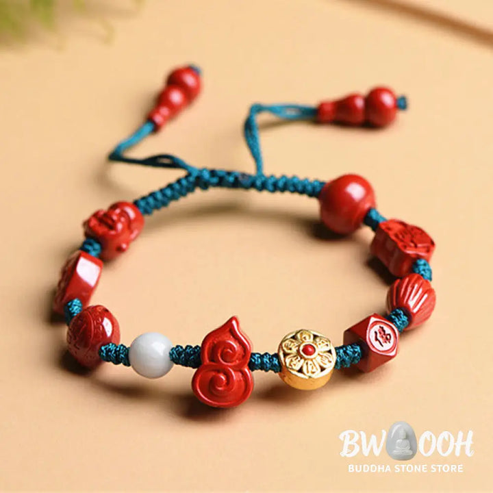Buddha Stones Natural Cinnabar Gourd Om Mani Padme Hum Laughing Buddha Blessing String Bracelet - BWOOOH