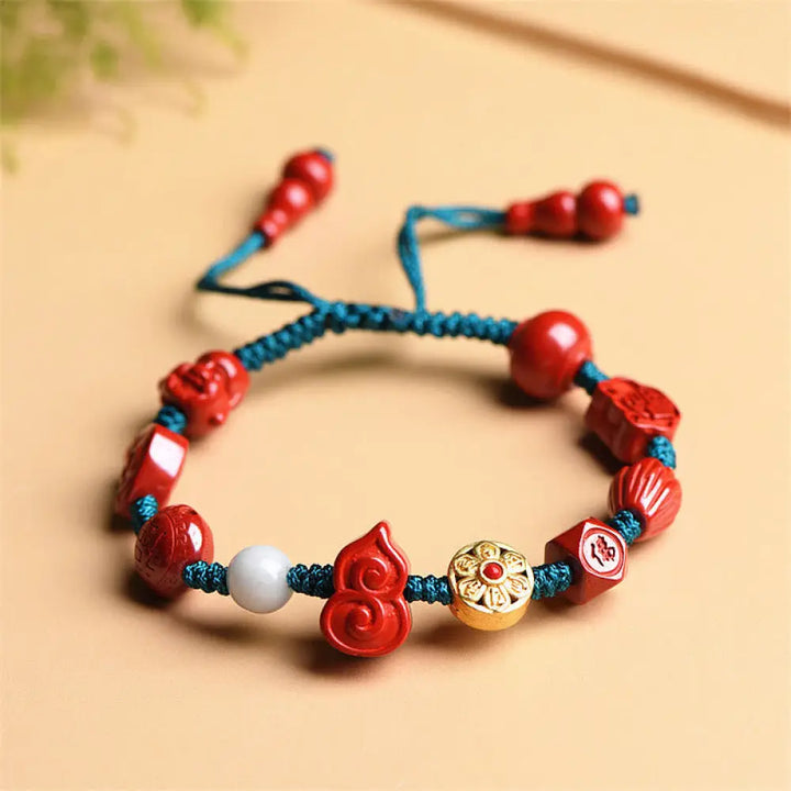BWOOOH Natural Cinnabar Gourd Om Mani Padme Hum Laughing Buddha Blessing String Bracelet - BWOOOH