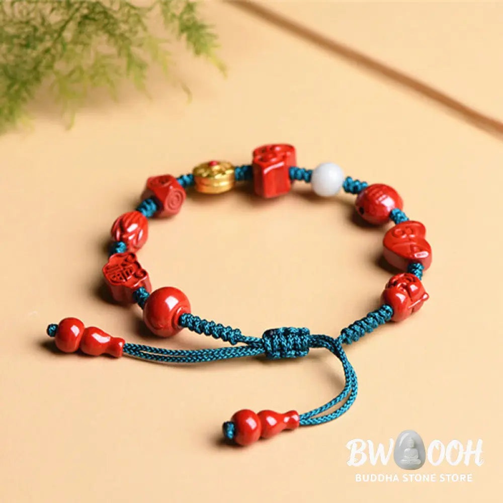 Buddha Stones Natural Cinnabar Gourd Om Mani Padme Hum Laughing Buddha Blessing String Bracelet - BWOOOH