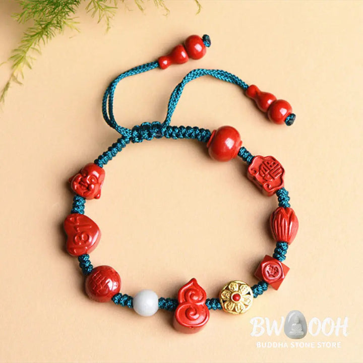 Buddha Stones Natural Cinnabar Gourd Om Mani Padme Hum Laughing Buddha Blessing String Bracelet - BWOOOH