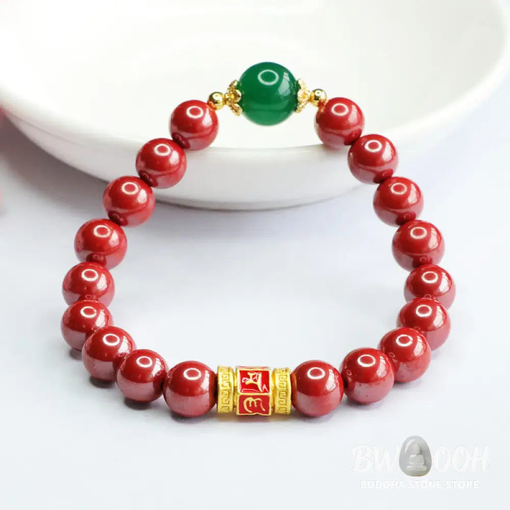 Buddha Stones Natural Cinnabar Green Agate Om Mani Padme Hum Pattern Blessing Bracelet - BWOOOH - Cinnabar(Wrist