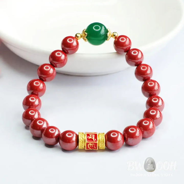 Buddha Stones Natural Cinnabar Green Agate Om Mani Padme Hum Pattern Blessing Bracelet - BWOOOH - Cinnabar(Wrist