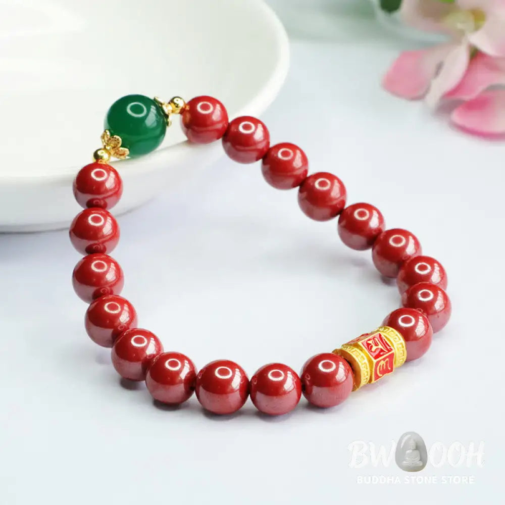 Buddha Stones Natural Cinnabar Green Agate Om Mani Padme Hum Pattern Blessing Bracelet - BWOOOH - Cinnabar(Wrist
