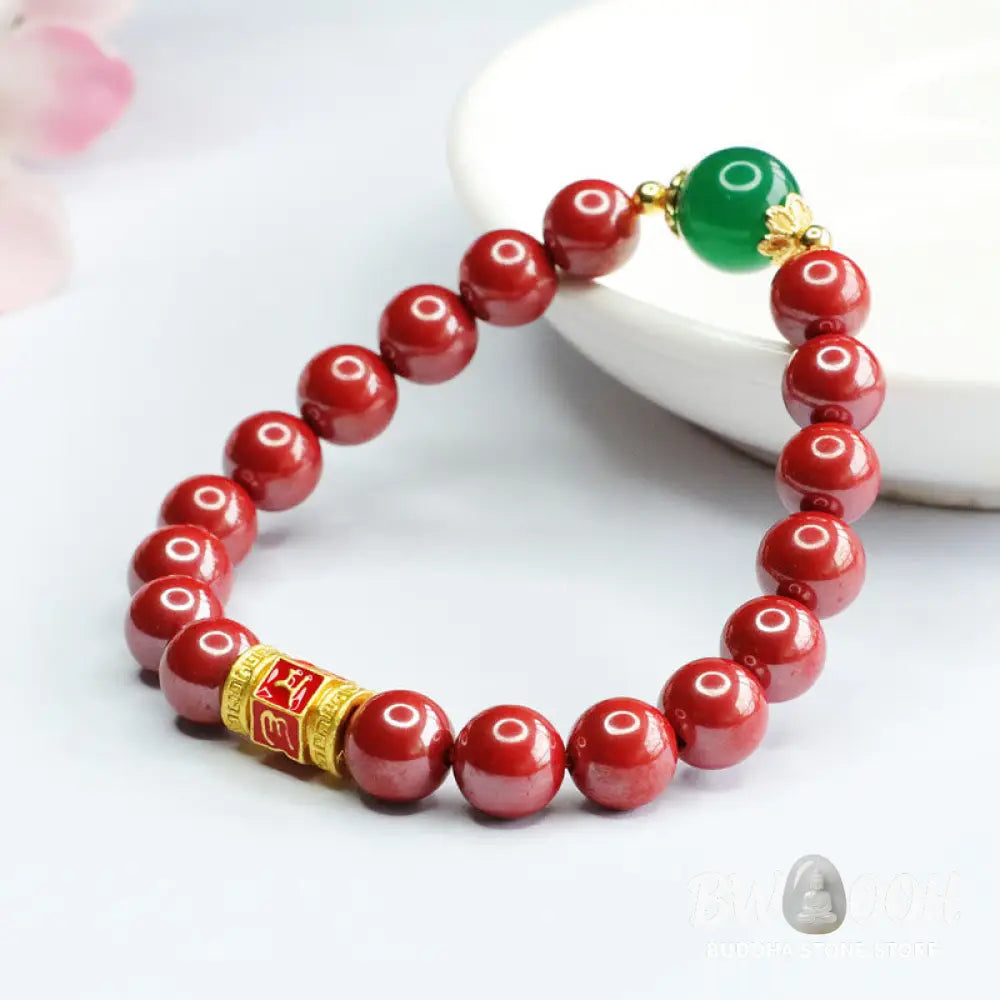 Buddha Stones Natural Cinnabar Green Agate Om Mani Padme Hum Pattern Blessing Bracelet - BWOOOH - Cinnabar(Wrist