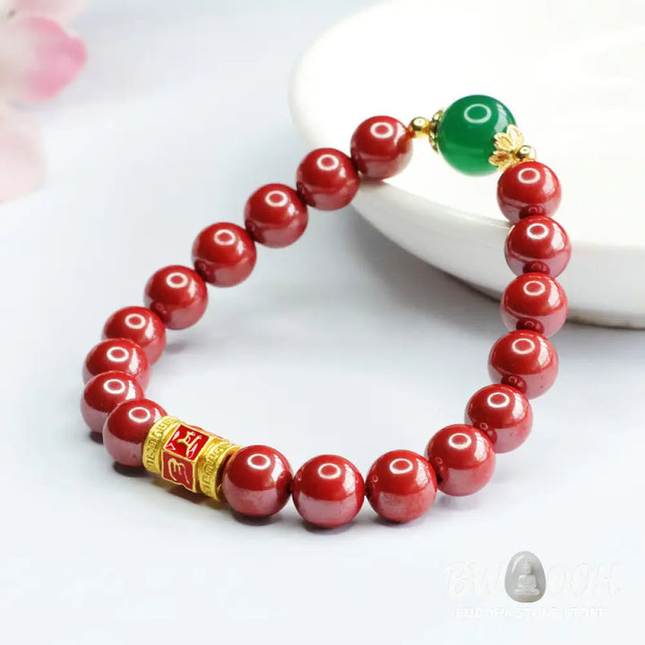 Buddha Stones Natural Cinnabar Green Agate Om Mani Padme Hum Pattern Blessing Bracelet - BWOOOH - Cinnabar(Wrist