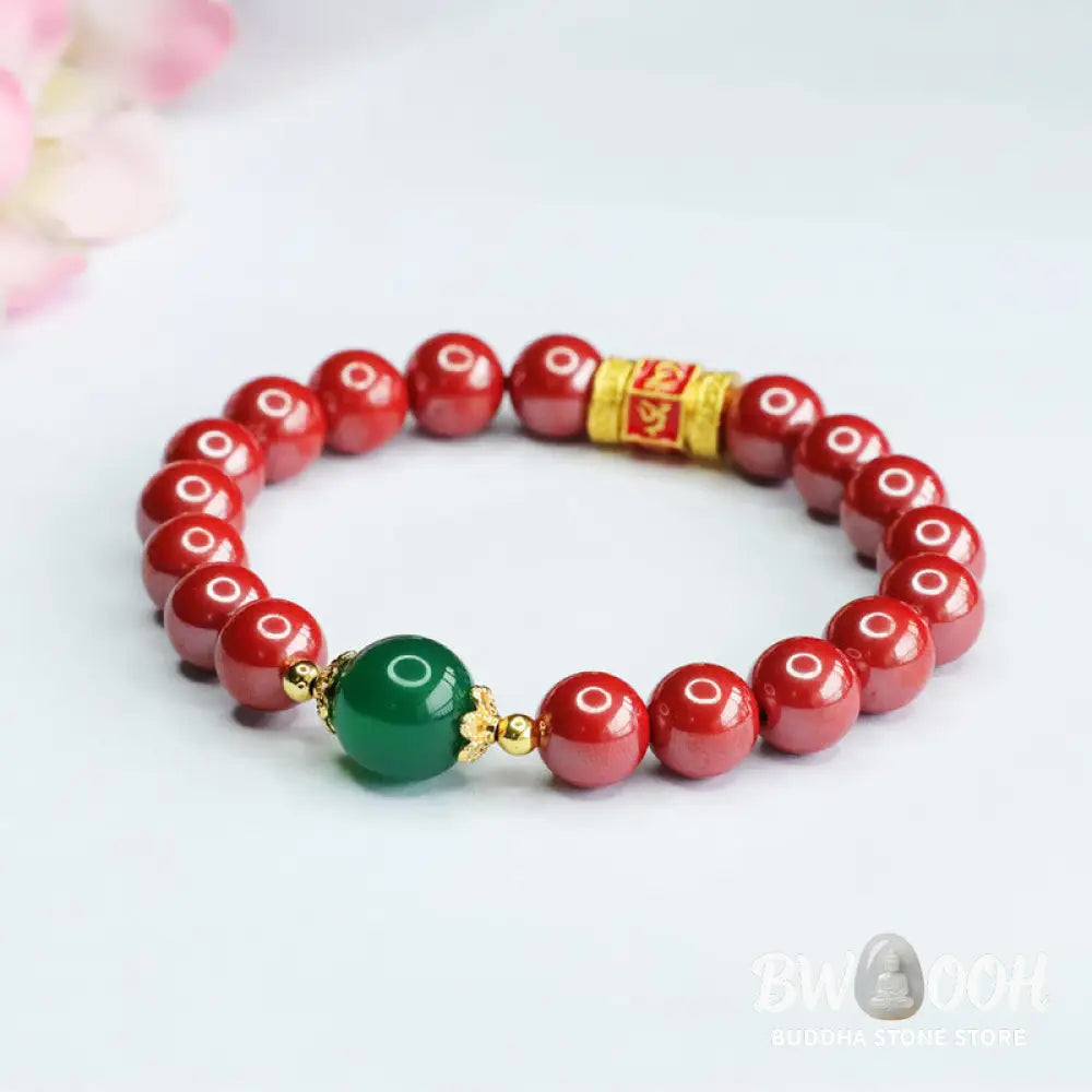 Buddha Stones Natural Cinnabar Green Agate Om Mani Padme Hum Pattern Blessing Bracelet - BWOOOH - Cinnabar(Wrist