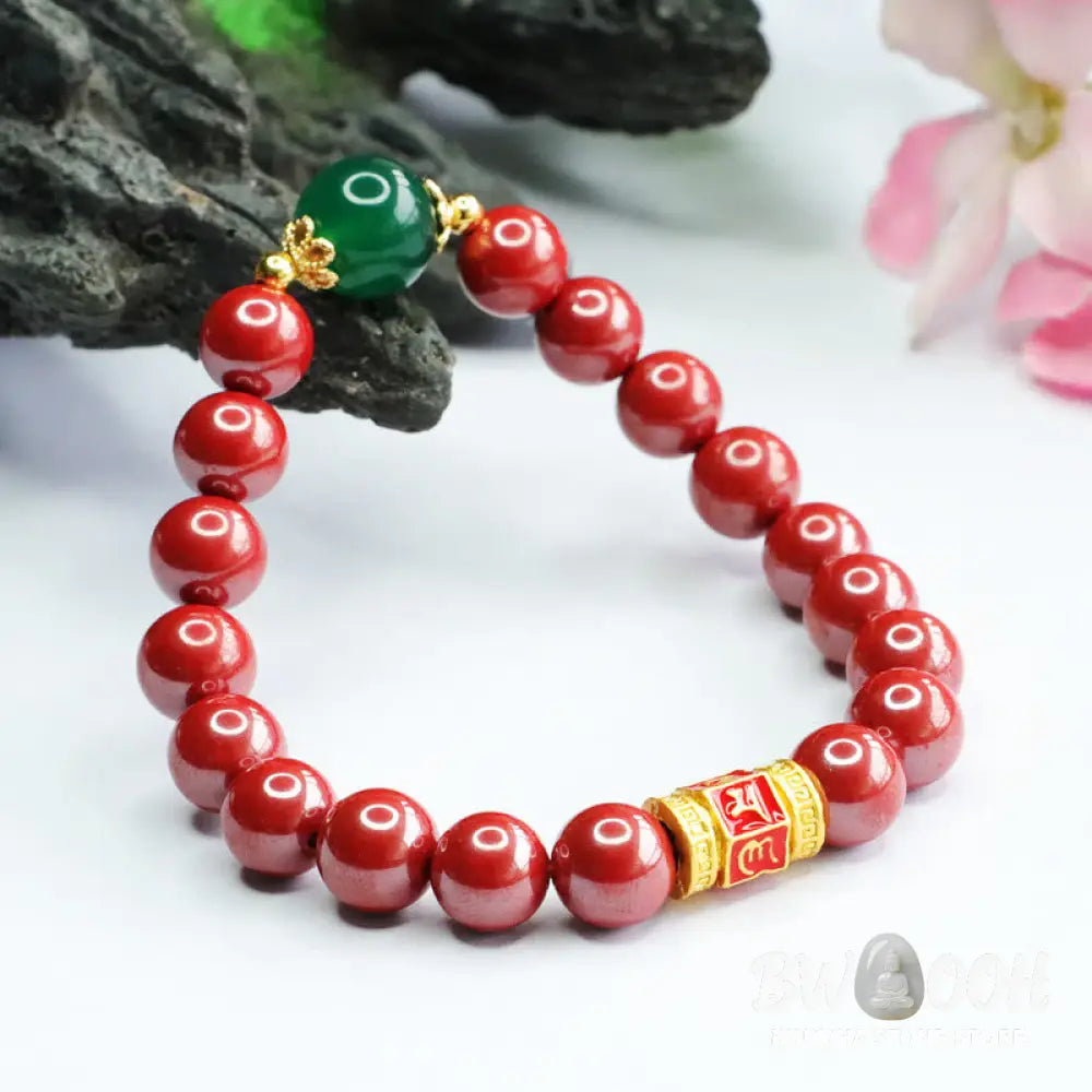 Buddha Stones Natural Cinnabar Green Agate Om Mani Padme Hum Pattern Blessing Bracelet - BWOOOH - Cinnabar(Wrist