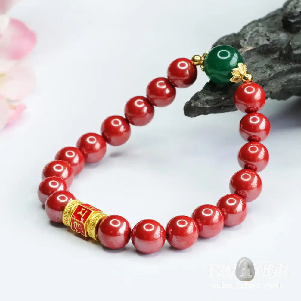 Buddha Stones Natural Cinnabar Green Agate Om Mani Padme Hum Pattern Blessing Bracelet - BWOOOH - Cinnabar(Wrist