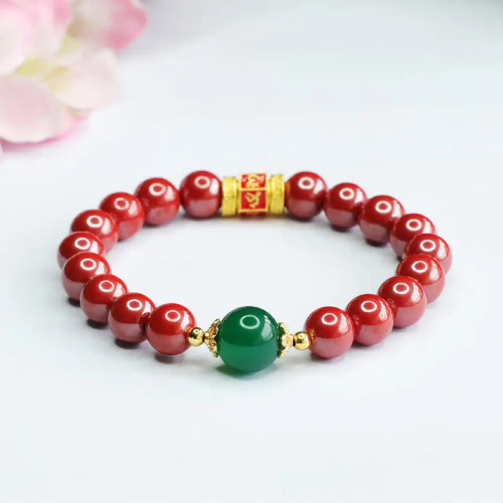 BWOOOH Natural Cinnabar Green Agate Om Mani Padme Hum Pattern Blessing Bracelet - BWOOOH - Cinnabar(Wrist