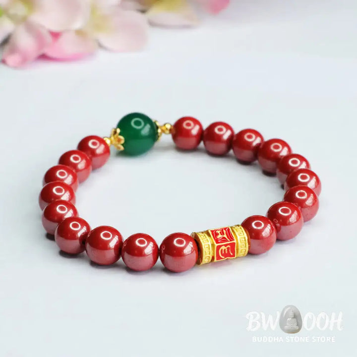 Buddha Stones Natural Cinnabar Green Agate Om Mani Padme Hum Pattern Blessing Bracelet - BWOOOH - Cinnabar(Wrist