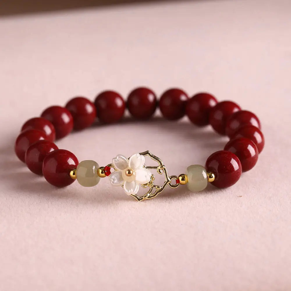 BWOOOH Natural Cinnabar Jade Beaded Tridacna Stone Flower Blessing Bracelet - Cinnabar / 10mm(Wrist