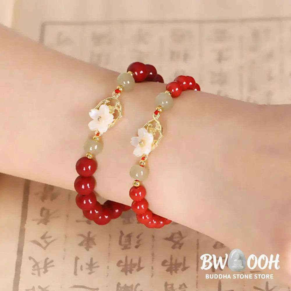 BWOOOH Natural Cinnabar Jade Beaded Tridacna Stone Flower Blessing Bracelet | spiritual healing bracelet