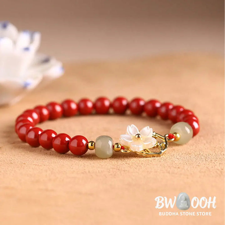 BWOOOH Natural Cinnabar Jade Beaded Tridacna Stone Flower Blessing Bracelet | spiritual healing bracelet