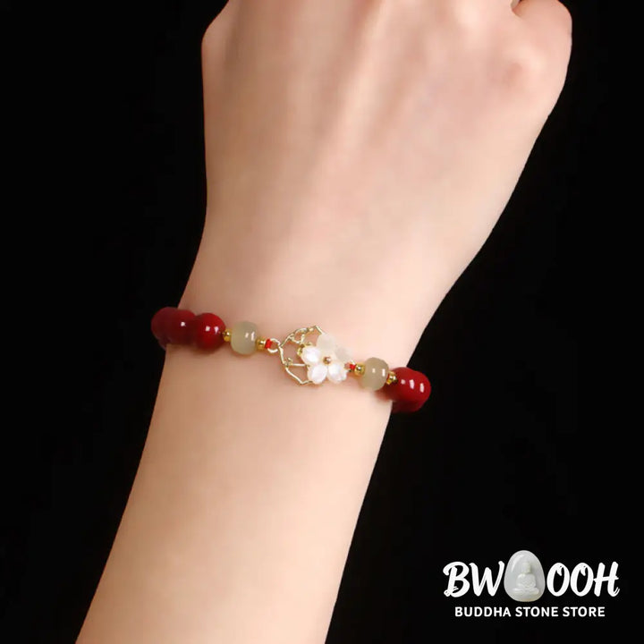 BWOOOH Natural Cinnabar Jade Beaded Tridacna Stone Flower Blessing Bracelet | spiritual healing bracelet