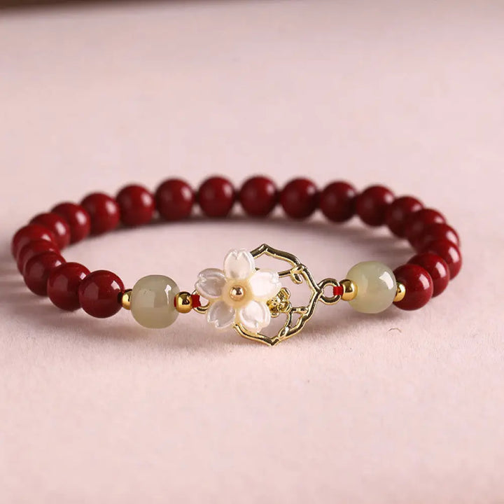BWOOOH Natural Cinnabar Jade Beaded Tridacna Stone Flower Blessing Bracelet - Cinnabar / 6mm(Wrist Circumference