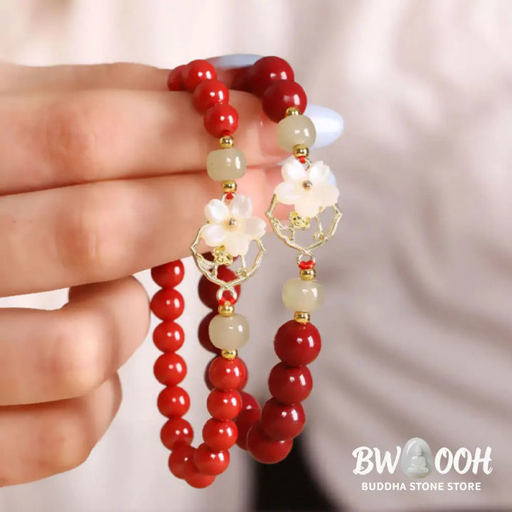 BWOOOH Natural Cinnabar Jade Beaded Tridacna Stone Flower Blessing Bracelet | spiritual healing bracelet