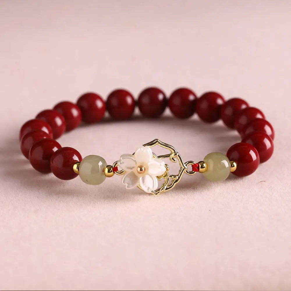 BWOOOH Natural Cinnabar Jade Beaded Tridacna Stone Flower Blessing Bracelet - Cinnabar / 8mm(Wrist Circumference