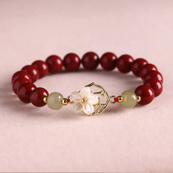 BWOOOH Natural Cinnabar Jade Beaded Tridacna Stone Flower Blessing Bracelet - Cinnabar / 8mm(Wrist Circumference