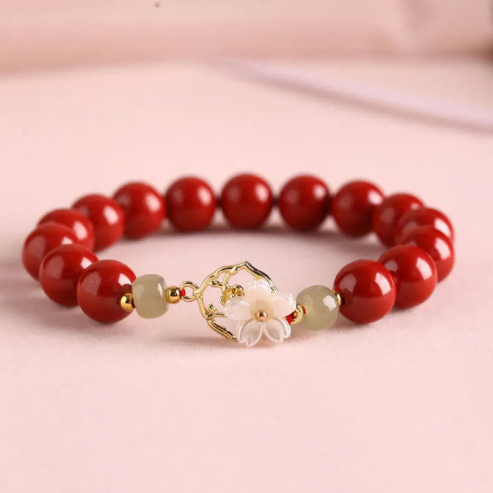 BWOOOH Natural Cinnabar Jade Beaded Tridacna Stone Flower Blessing Bracelet - Red Cinnabar / 10mm(Wrist