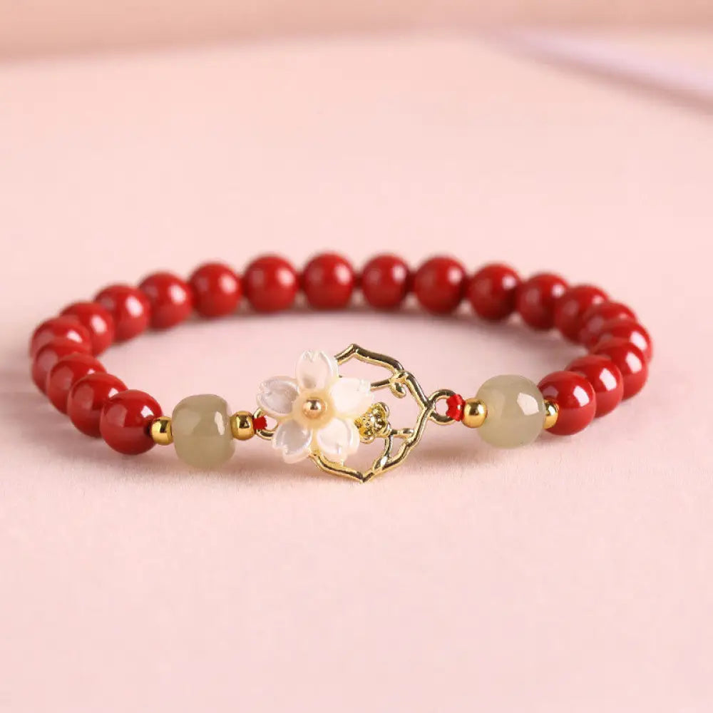 BWOOOH Natural Cinnabar Jade Beaded Tridacna Stone Flower Blessing Bracelet - Red Cinnabar / 6mm(Wrist