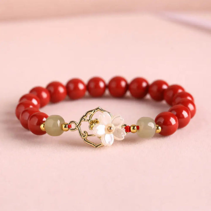 BWOOOH Natural Cinnabar Jade Beaded Tridacna Stone Flower Blessing Bracelet - Red Cinnabar / 8mm(Wrist