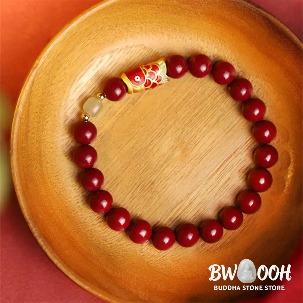 Buddha Stones Natural Cinnabar Lucky Koi Fish Hetian Jade Bead Blessing Bracelet - Cinnabar&Koi Fish - Bracelet