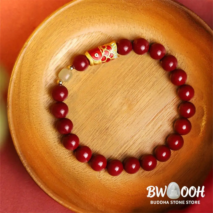 Buddha Stones Natural Cinnabar Lucky Koi Fish Hetian Jade Bead Blessing Bracelet - Cinnabar&amp;Koi Fish - Bracelet
