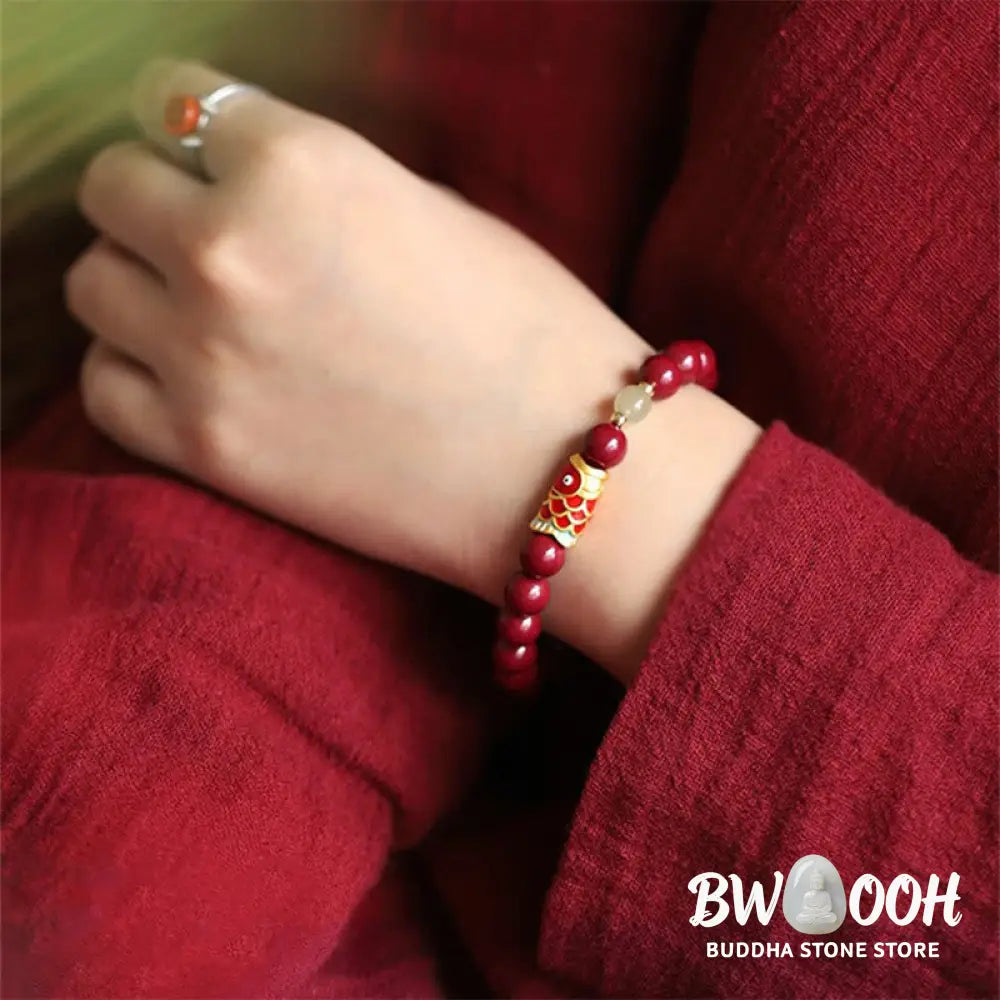 Buddha Stones Natural Cinnabar Lucky Koi Fish Hetian Jade Bead Blessing Bracelet - Cinnabar&amp;Koi Fish - Bracelet