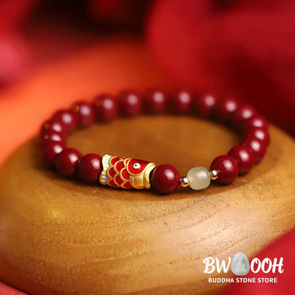 Buddha Stones Natural Cinnabar Lucky Koi Fish Hetian Jade Bead Blessing Bracelet - Cinnabar&amp;Koi Fish - Bracelet
