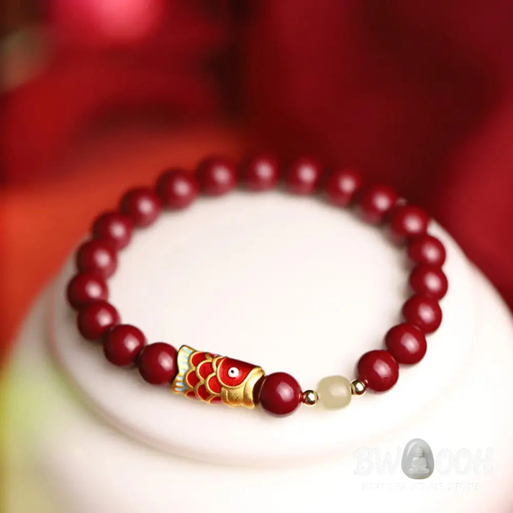 Buddha Stones Natural Cinnabar Lucky Koi Fish Hetian Jade Bead Blessing Bracelet - Cinnabar&amp;Koi Fish - Bracelet