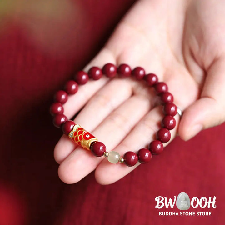 Buddha Stones Natural Cinnabar Lucky Koi Fish Hetian Jade Bead Blessing Bracelet - Cinnabar&amp;Koi Fish - Bracelet